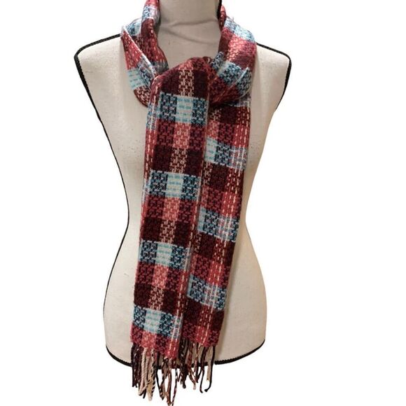 Italy Design Cashmere Scarf Red Pink Pastel Blue Checks  w/ Fringe 74”x 8” Women - Picture 2 of 4